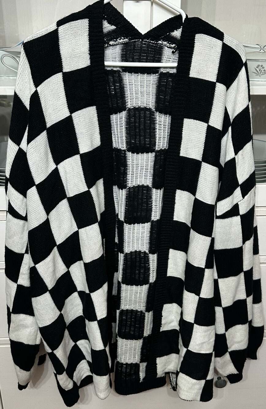 Oversized Black and White Checkerboard Knit Cardigan, Size 4XL